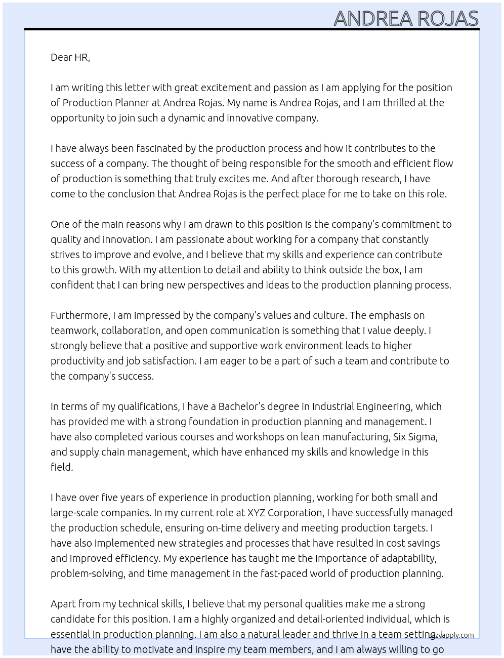 production planner At Andrea Rojas Cover Letter