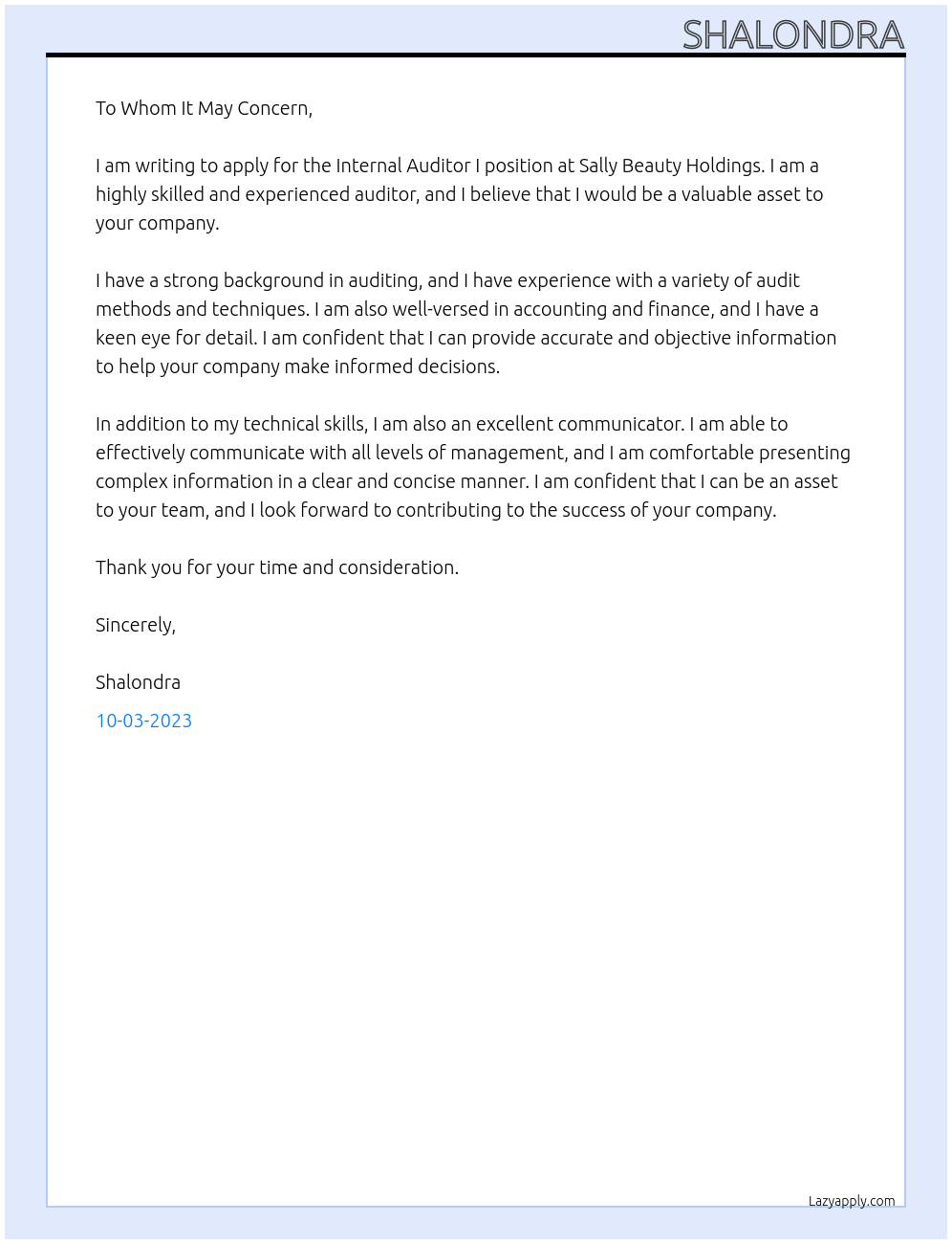 Internal Auditor I At Sally beauty holding Cover Letter