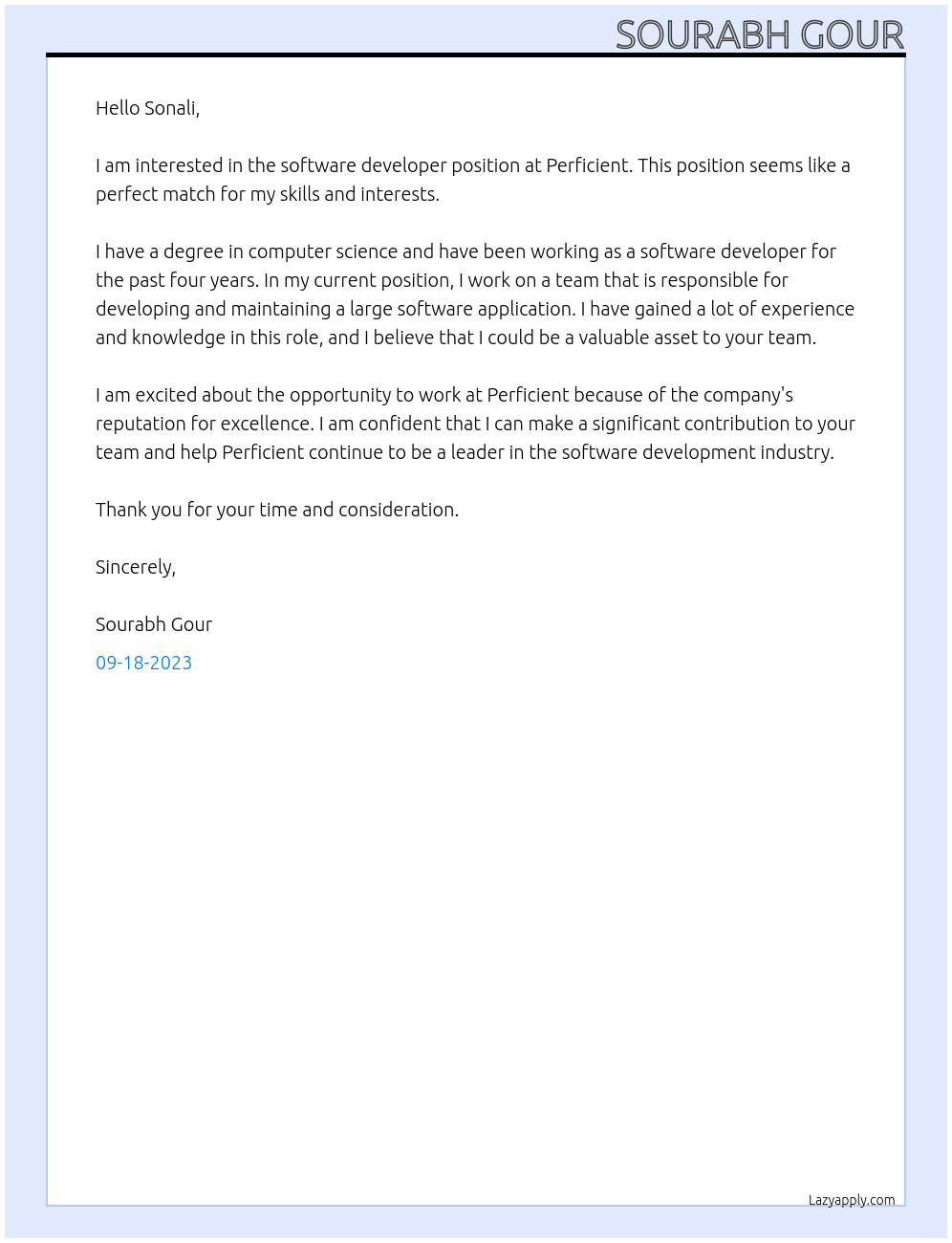 Software devloper At Perficient Cover Letter