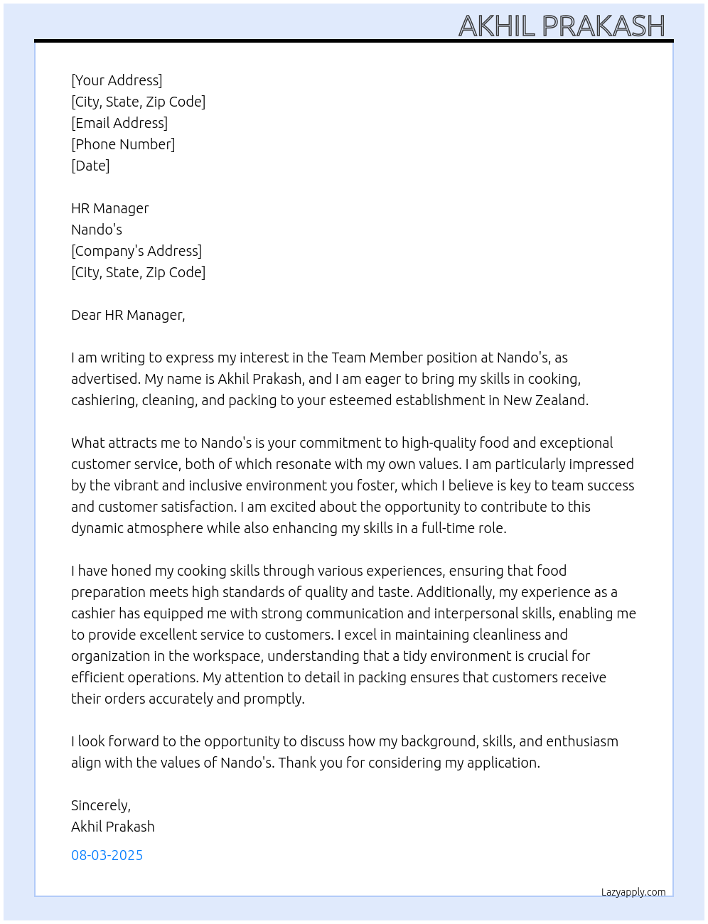 Team Member At Nando's Cover Letter