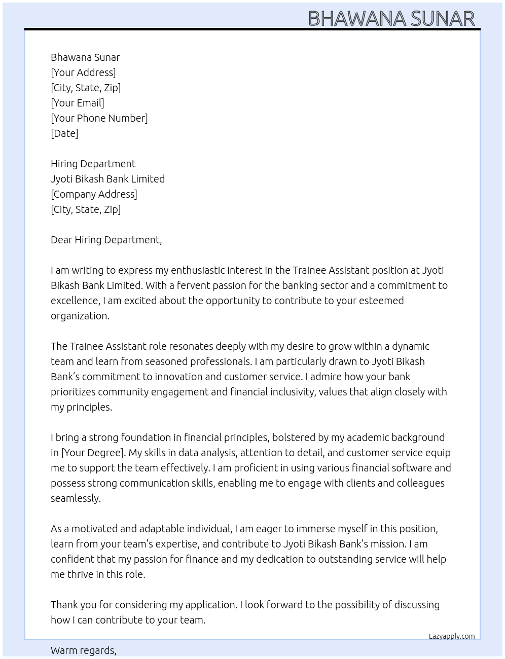 Trainee Assistant At Jyoti Bikash Bank limited Cover Letter