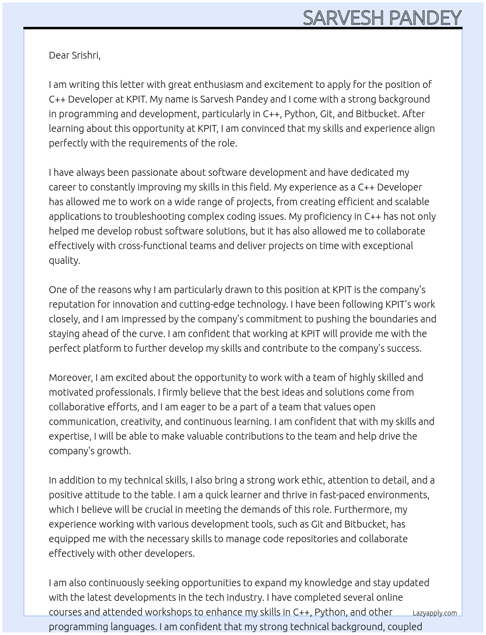 C++ Developer At KPIT Cover Letter