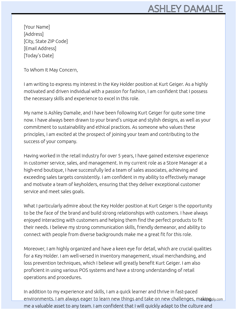 Key holder At Kurt geiger Cover Letter