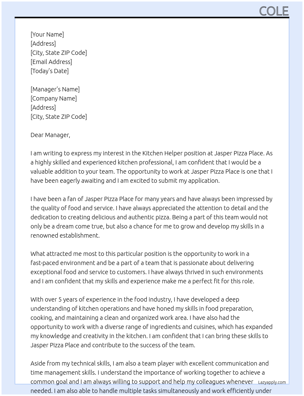 Kitchen Helper At Jasper Pizza Place Cover Letter