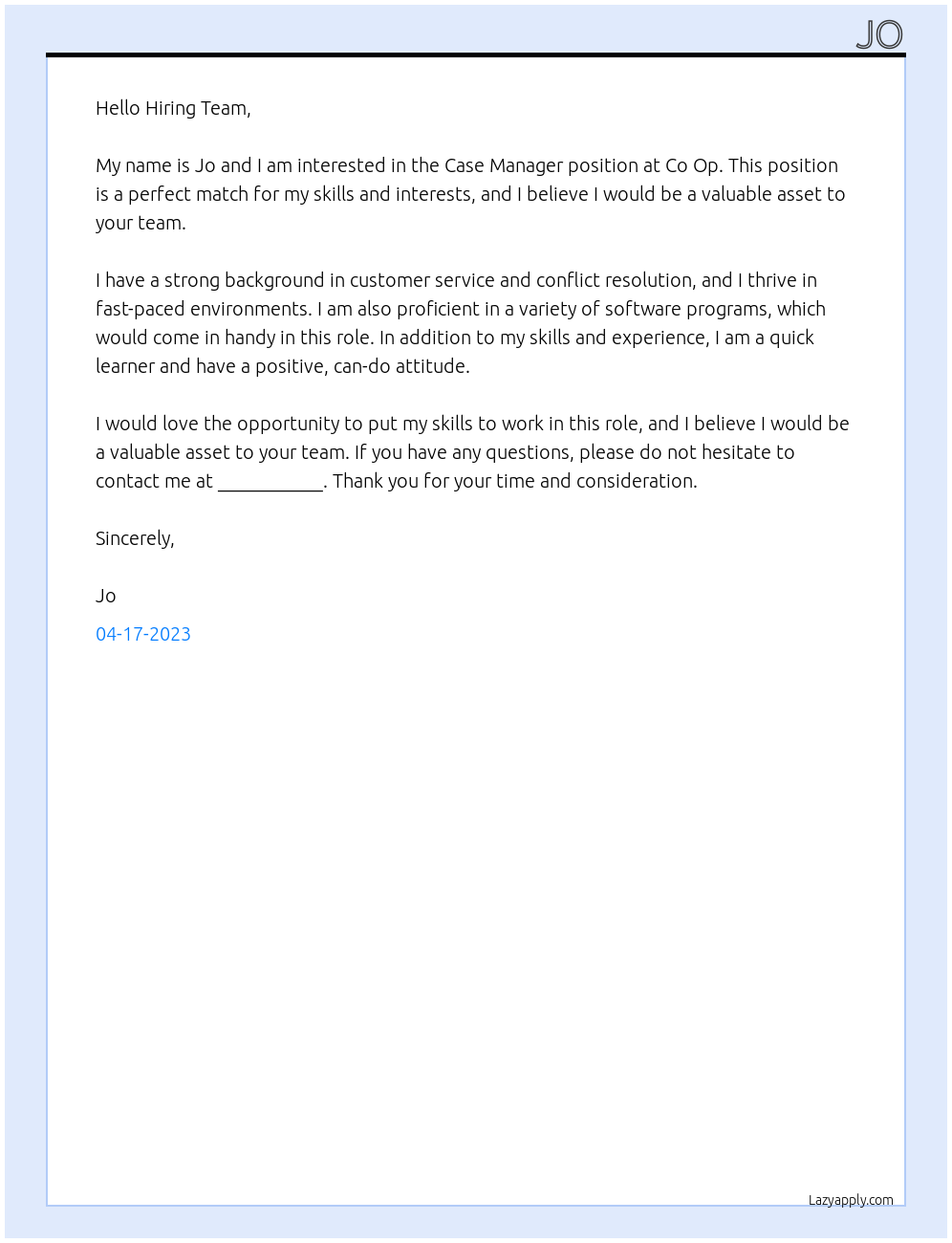 Case Manager At Co Op Cover Letter