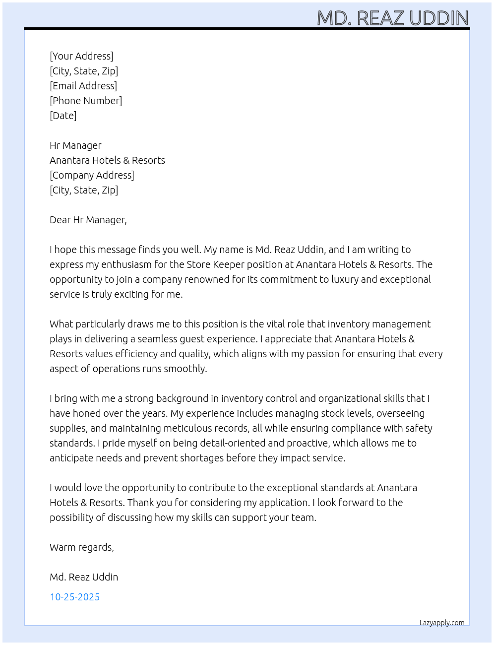 Store keeper At Anantara Hotels & Resorts Cover Letter