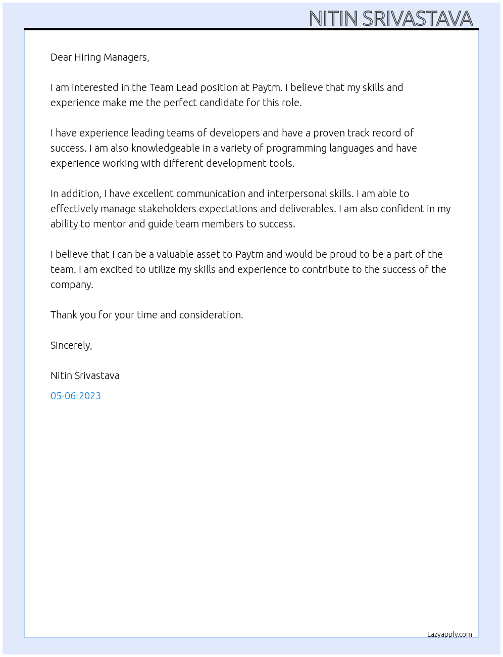 Team Lead At Paytm Cover Letter