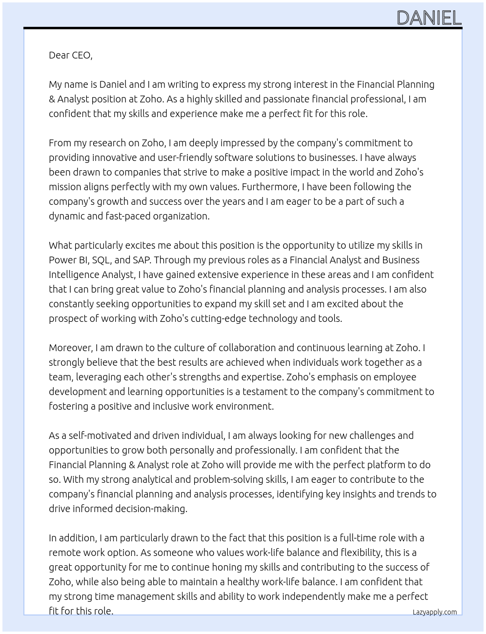 Financial Planning & Analyst At Zoho Cover Letter
