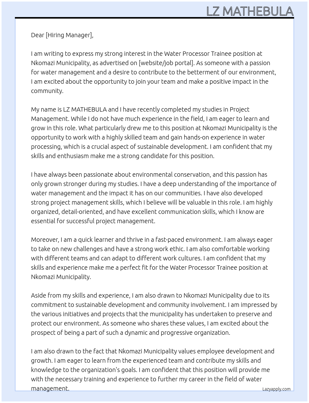 Water processor trainee At Nkomazi municipality Cover Letter