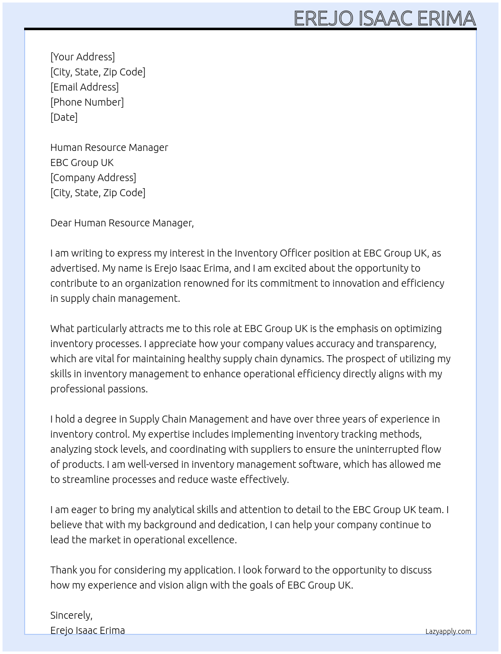 Inventory Officer At EBC Group UK Cover Letter