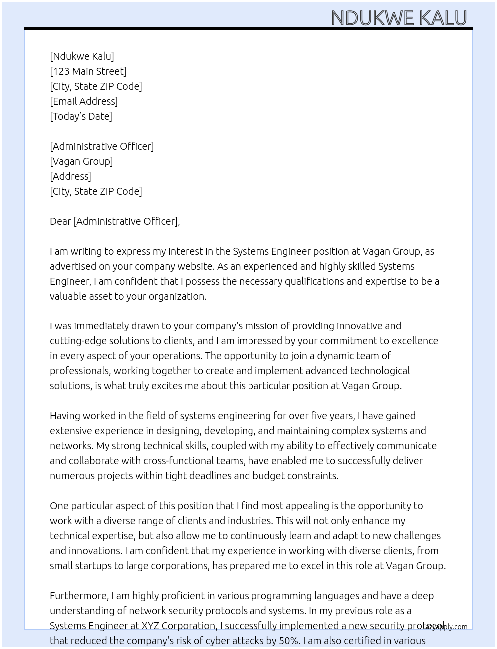 Systems Engineer  At Vagan Group Cover Letter