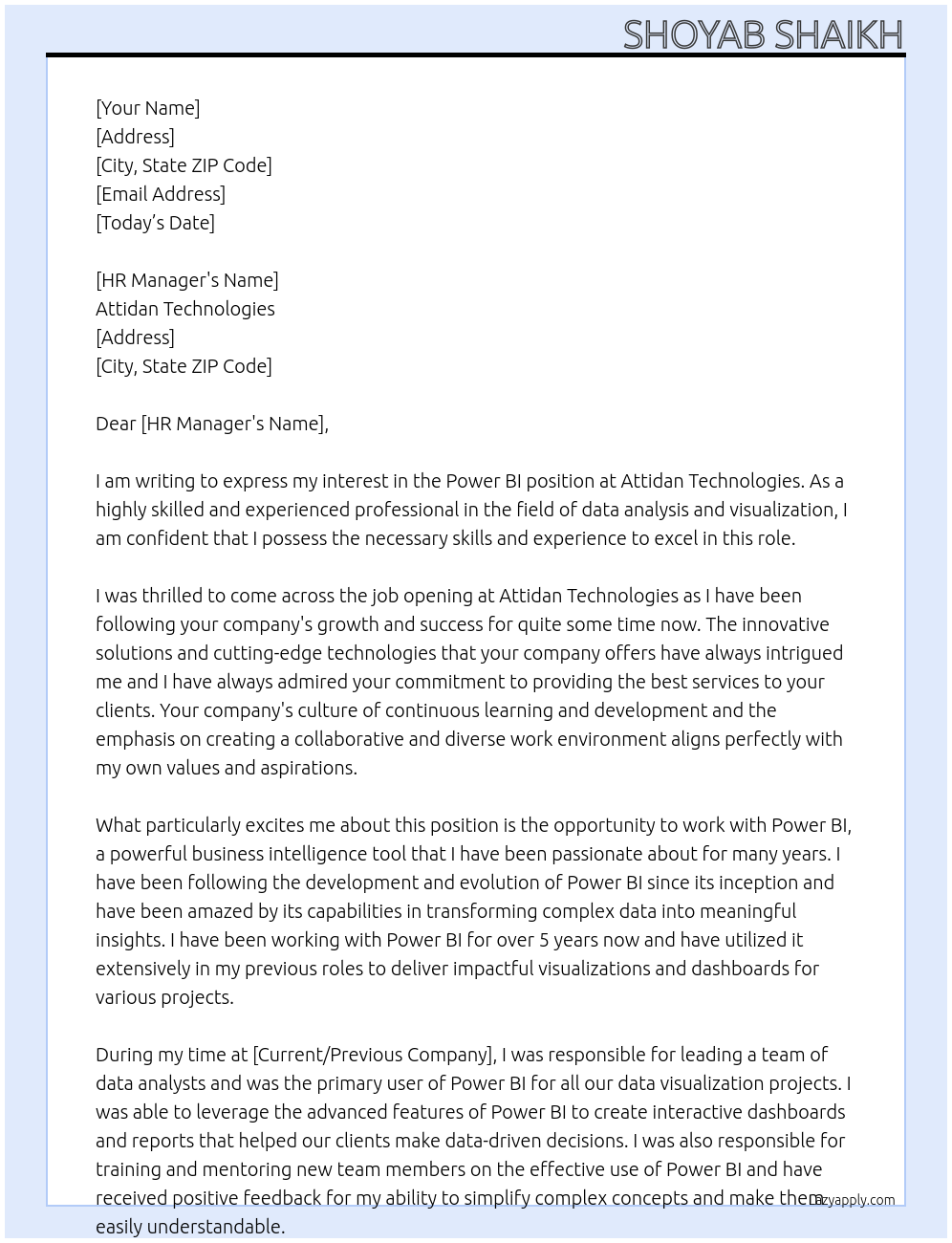 Power BI  At Attidan Technologies Cover Letter