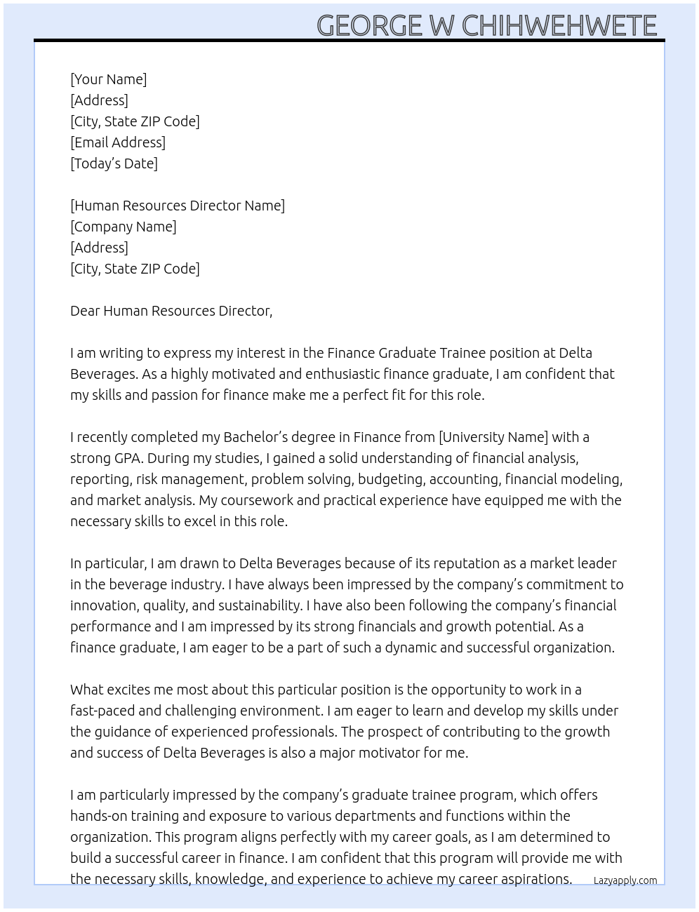 Finance Graduate Trainee At Delta Beverages Cover Letter