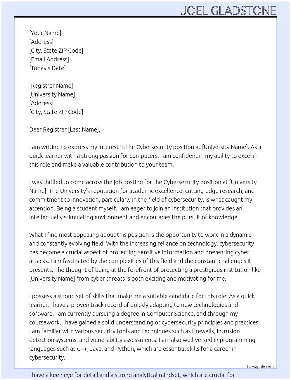 Cybersecurity  At University Cover Letter