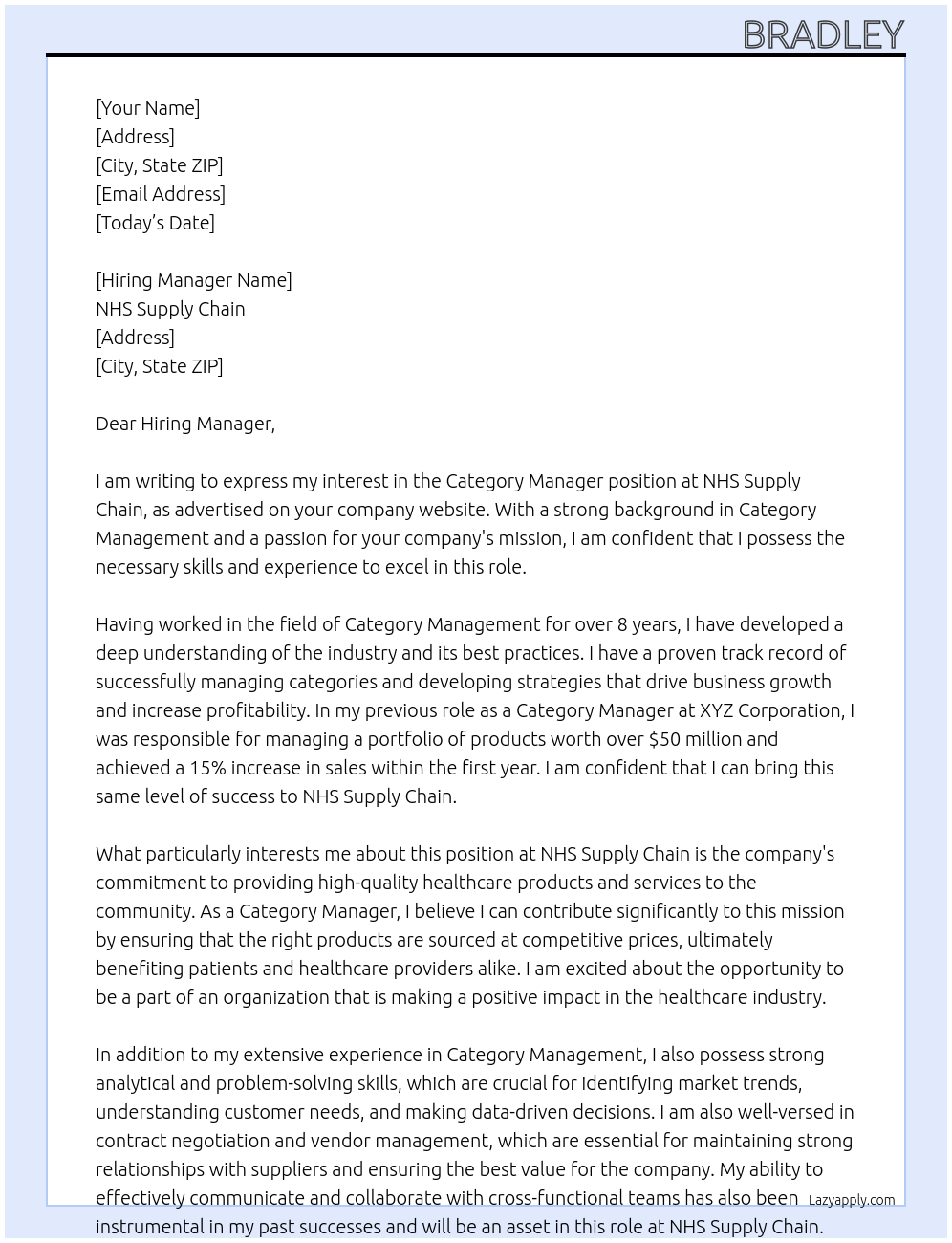 Category Manager At NHS Supply Chain Cover Letter