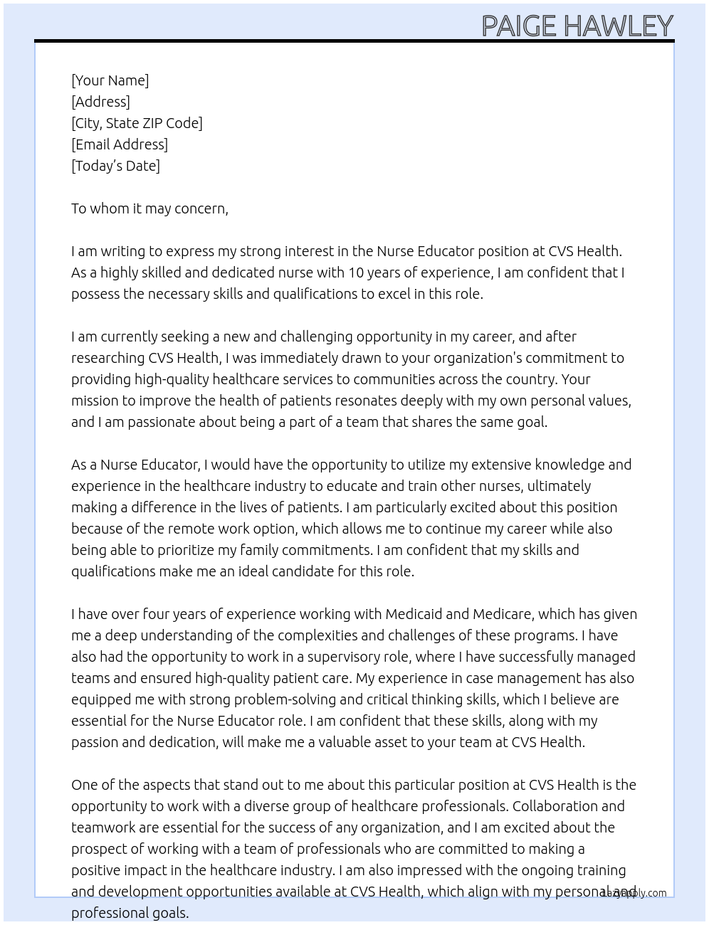 Nurse Educator At CVS Health Cover Letter