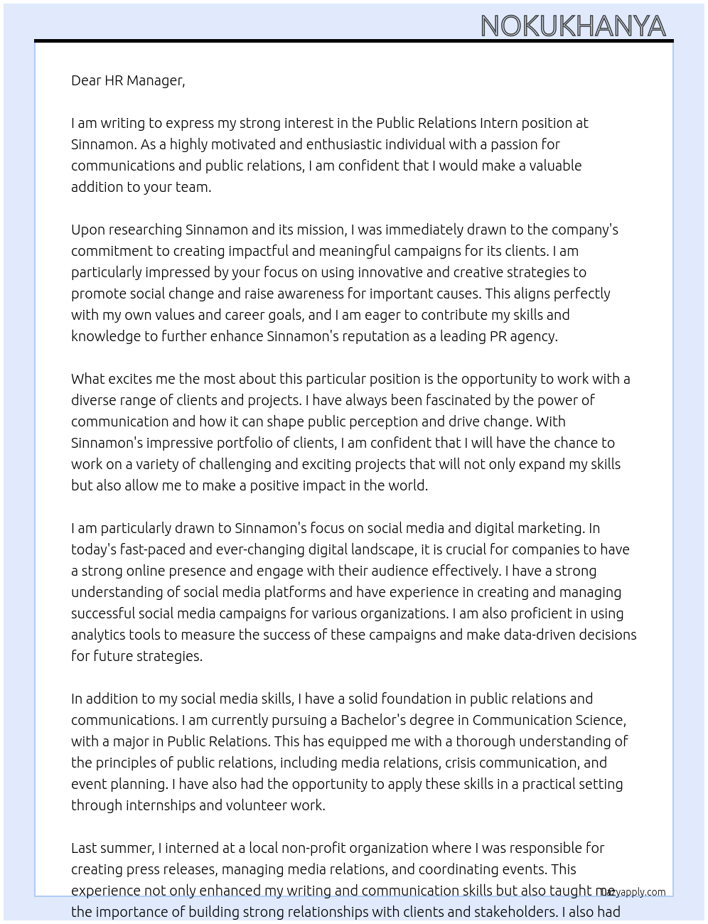 Public Relations Intern At Sinnamon Cover Letter