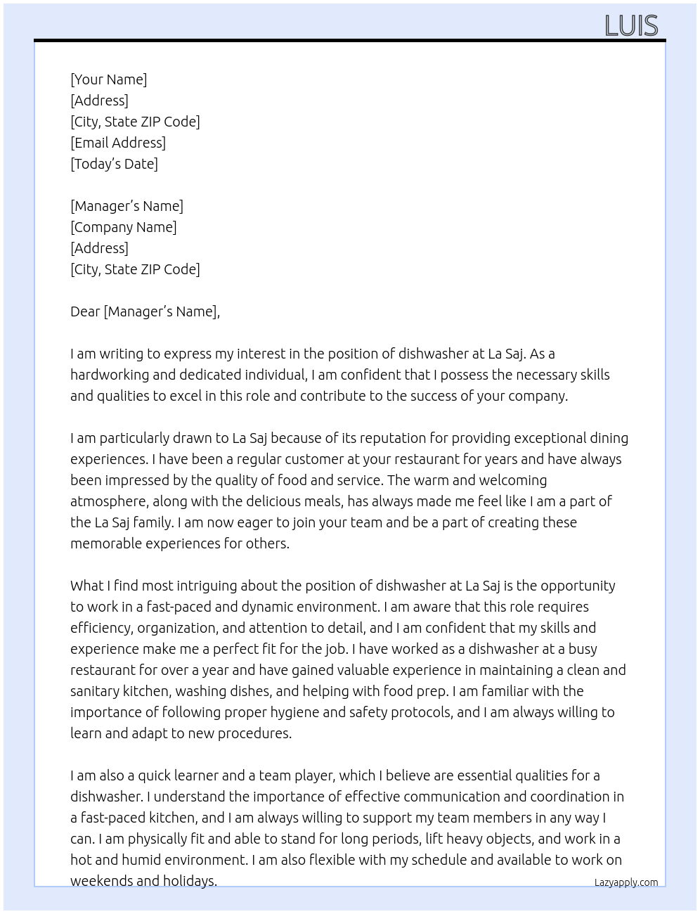 dishwasher At La Saj Cover Letter