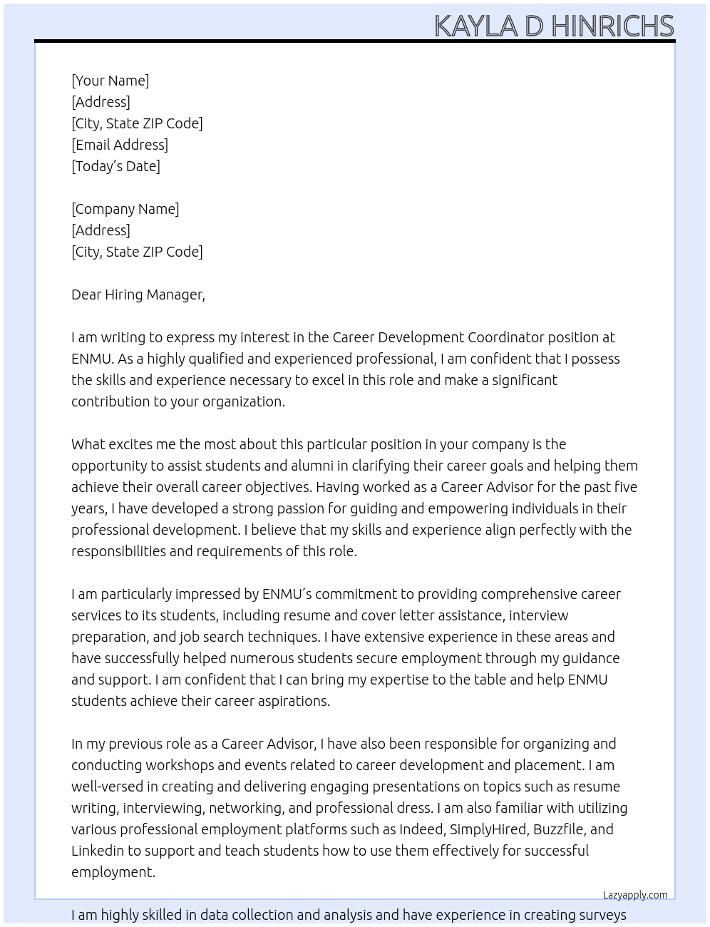 Career Development Coordinator  At ENMU Cover Letter