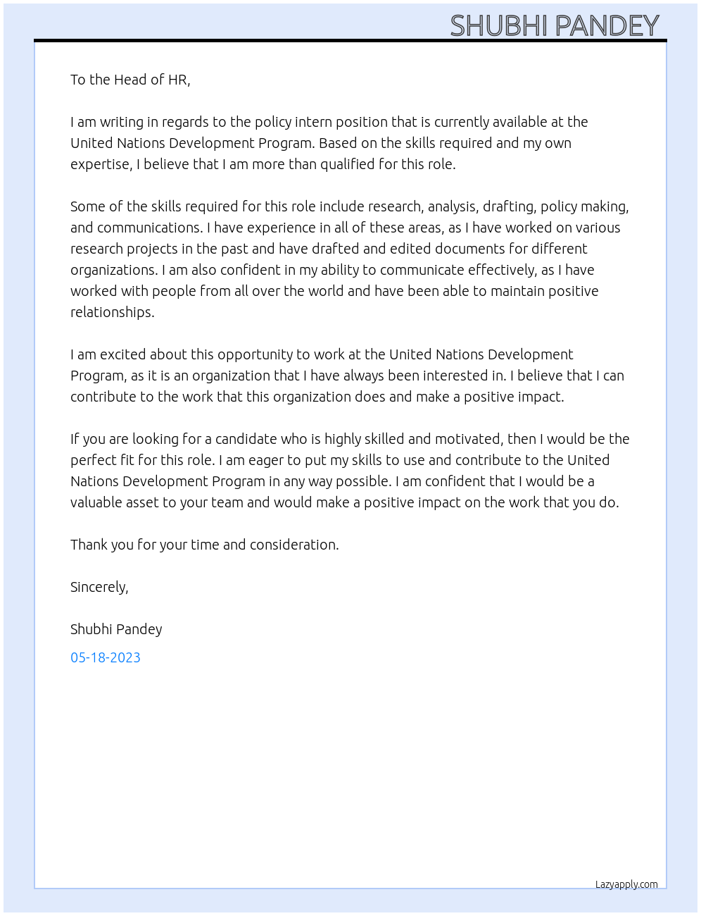 Policy intern At United nations development program Cover Letter