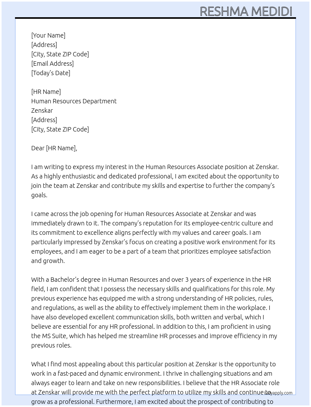 Human Resources Associate At Zenskar Cover Letter