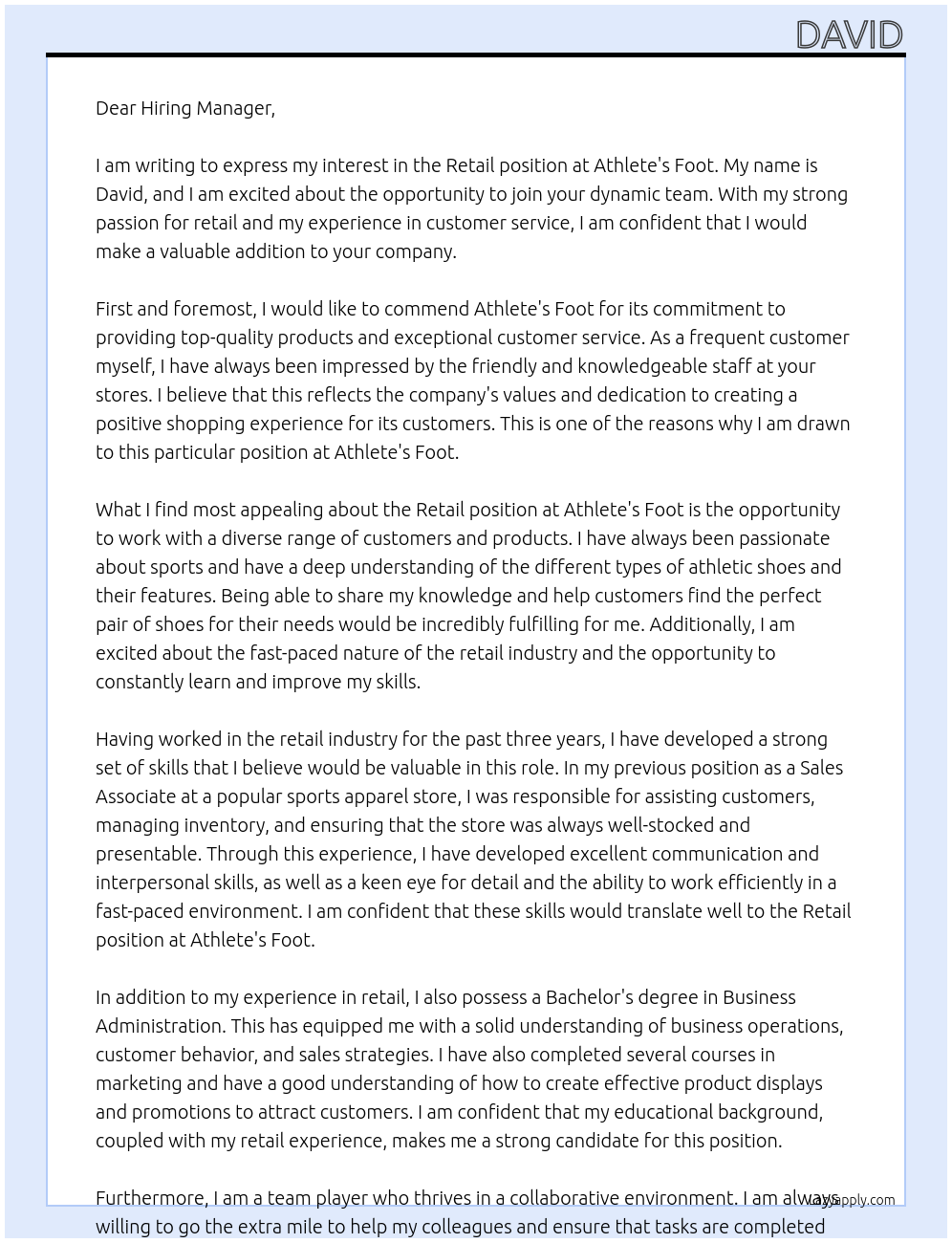 Retail At Athlete's foot Cover Letter