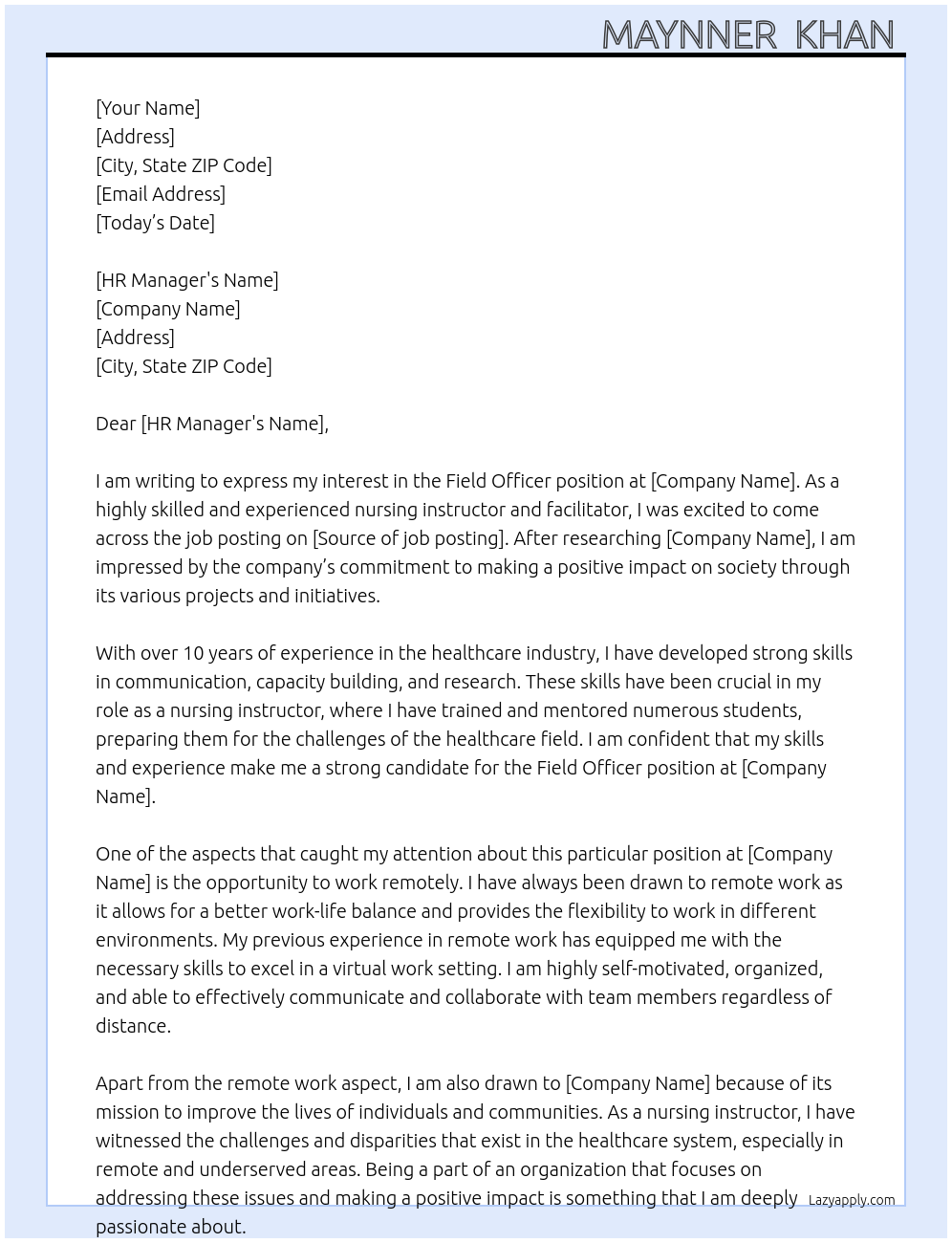 field officer At xxx Cover Letter