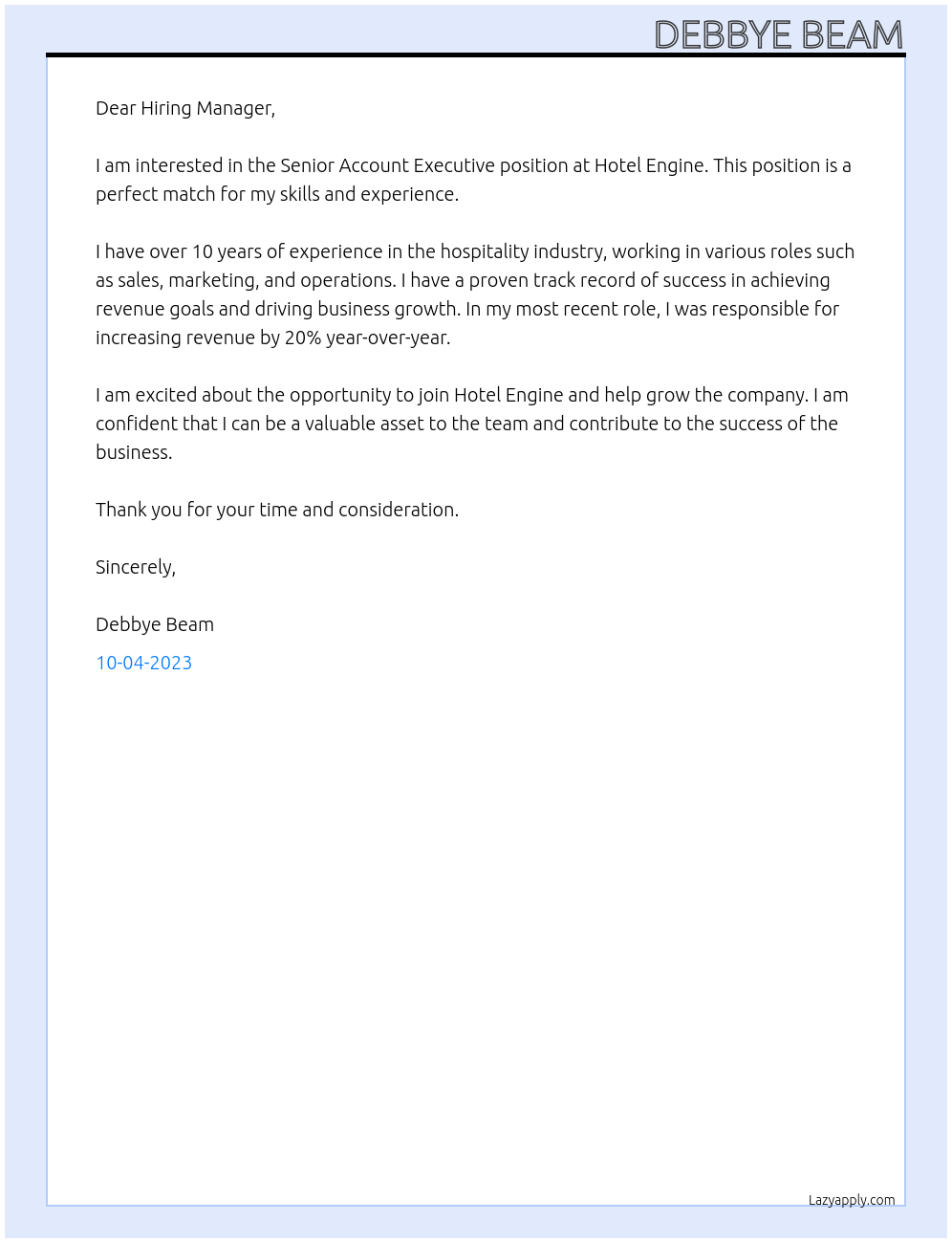 Senior Account Executive  At Hotel Engine  Cover Letter