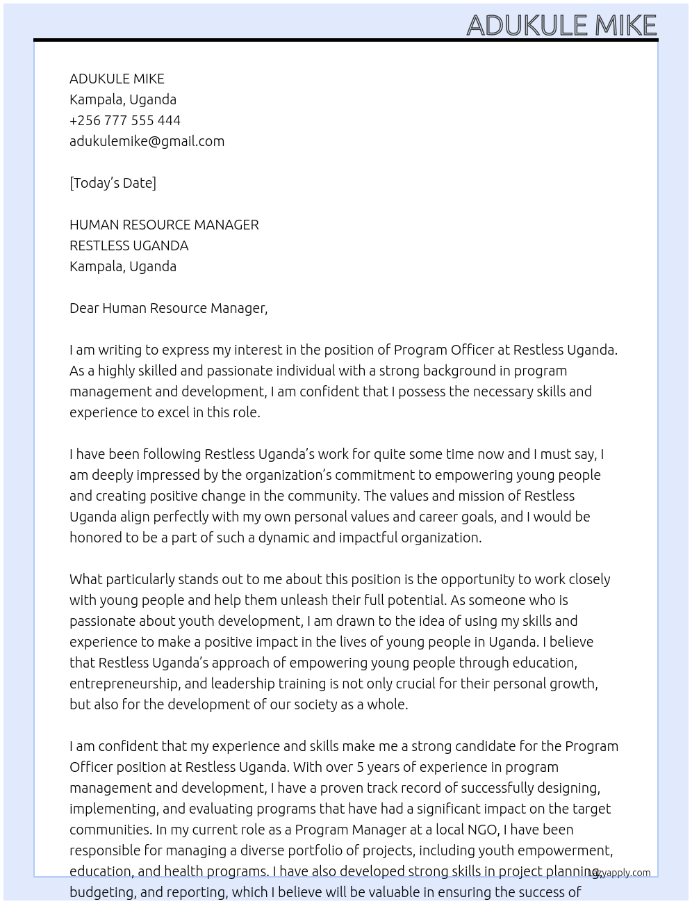 program officer At RESTLESS UGANDA Cover Letter