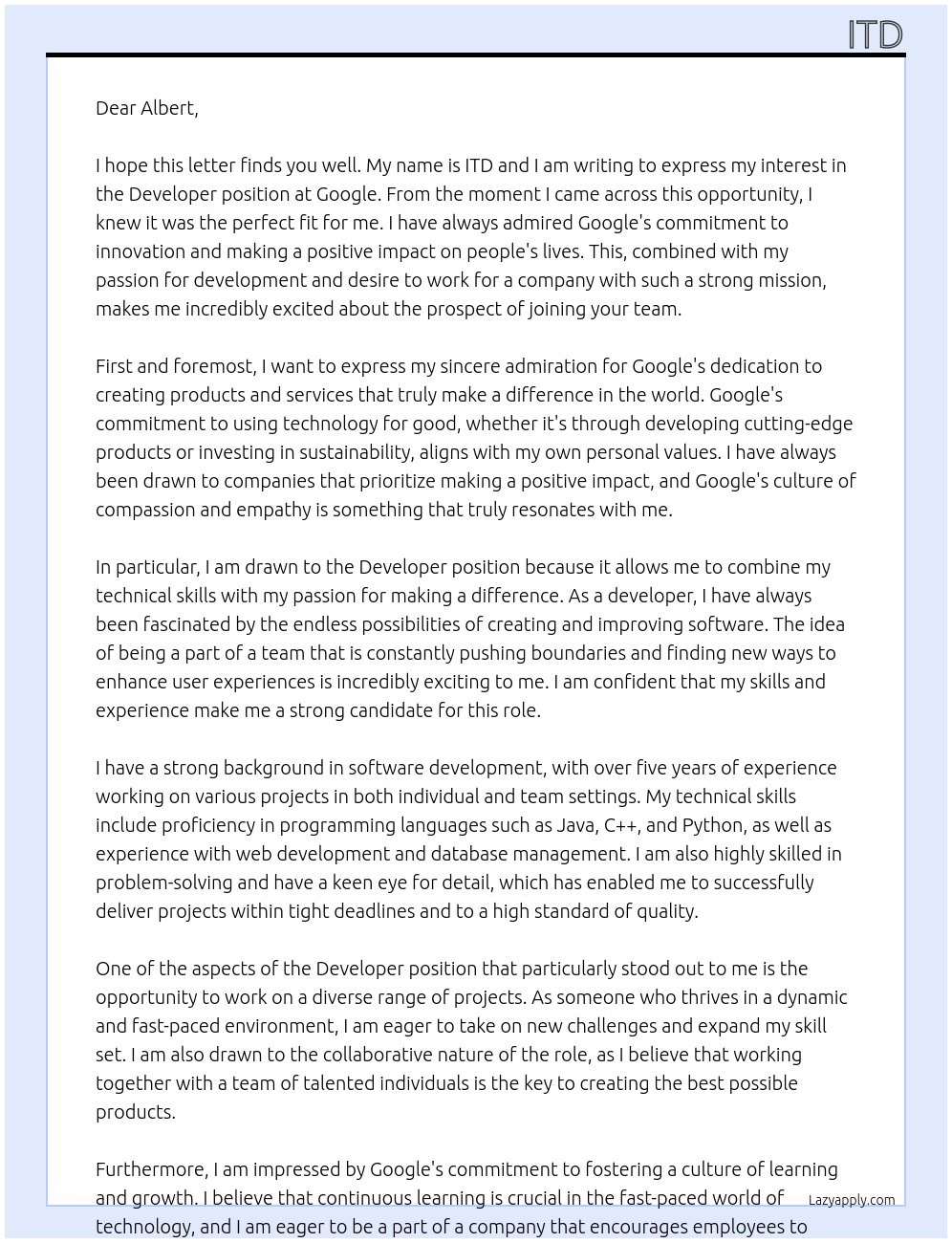 developer At google Cover Letter