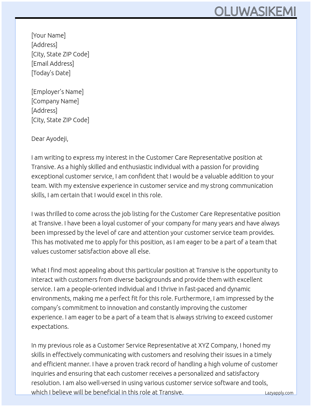 Customer Care Representative At Transive Cover Letter