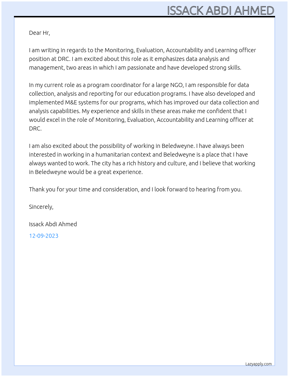 Monitoring , Evaluation ,Accountability and Learning officer At DRC Cover Letter