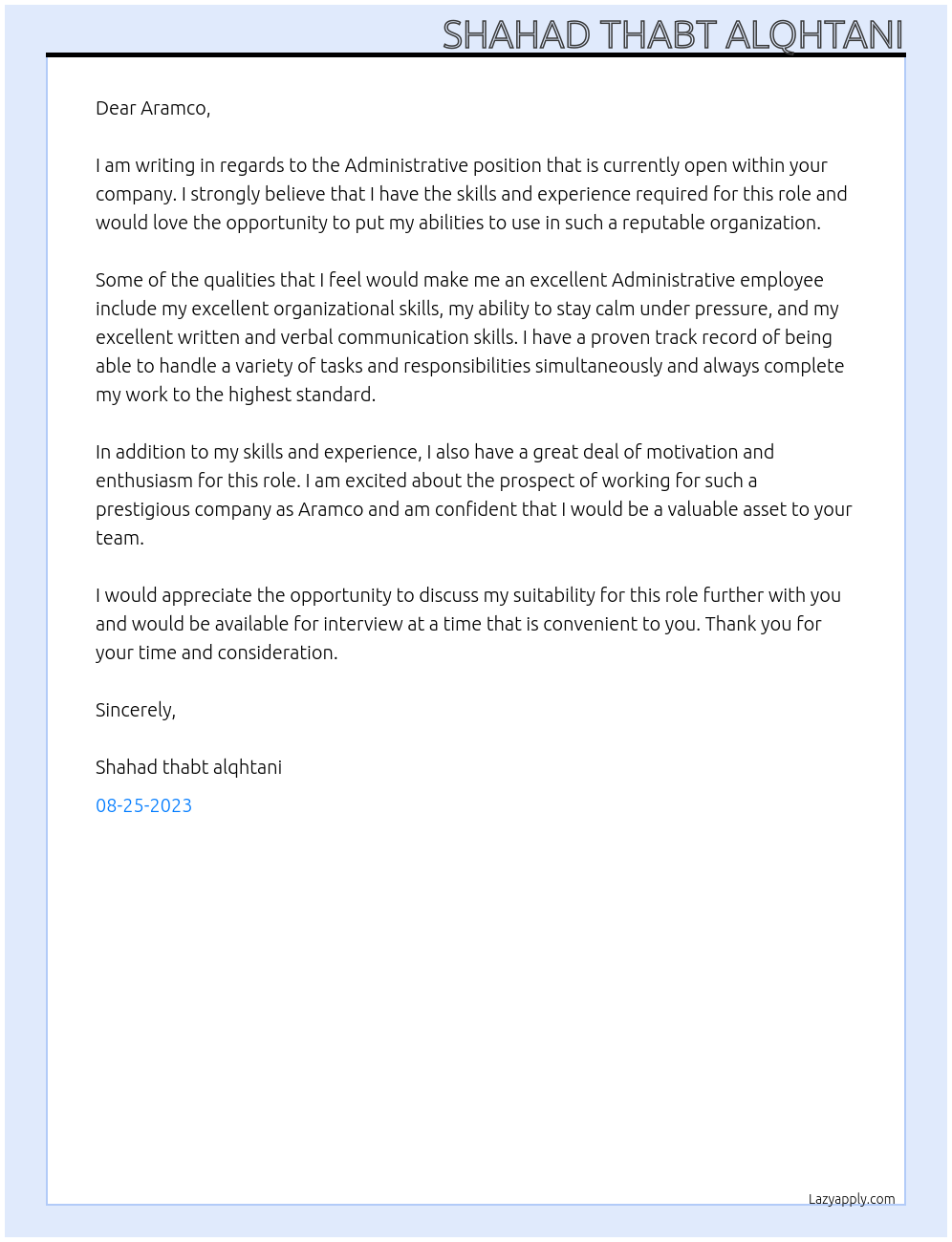 Administrative At Aramco Cover Letter