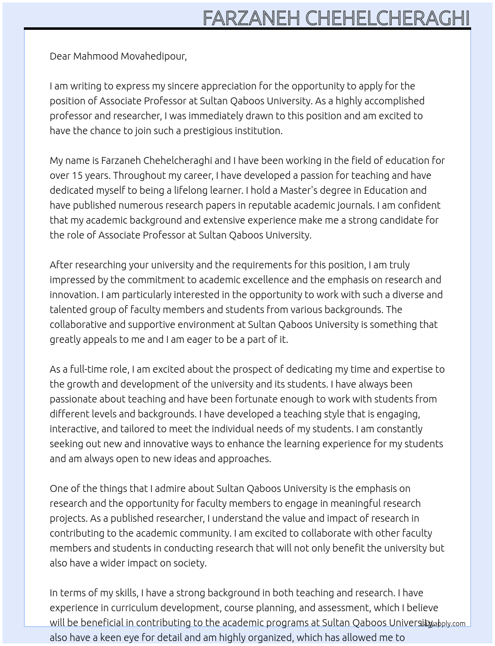 Associate professor At Sultan Qaboos University Cover Letter