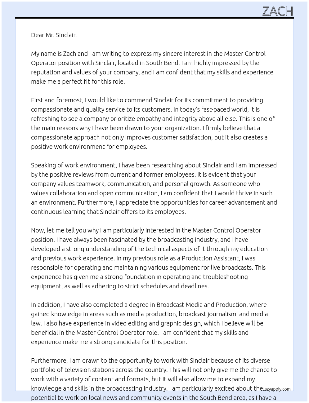 Master Control Operator At Sinclair Cover Letter