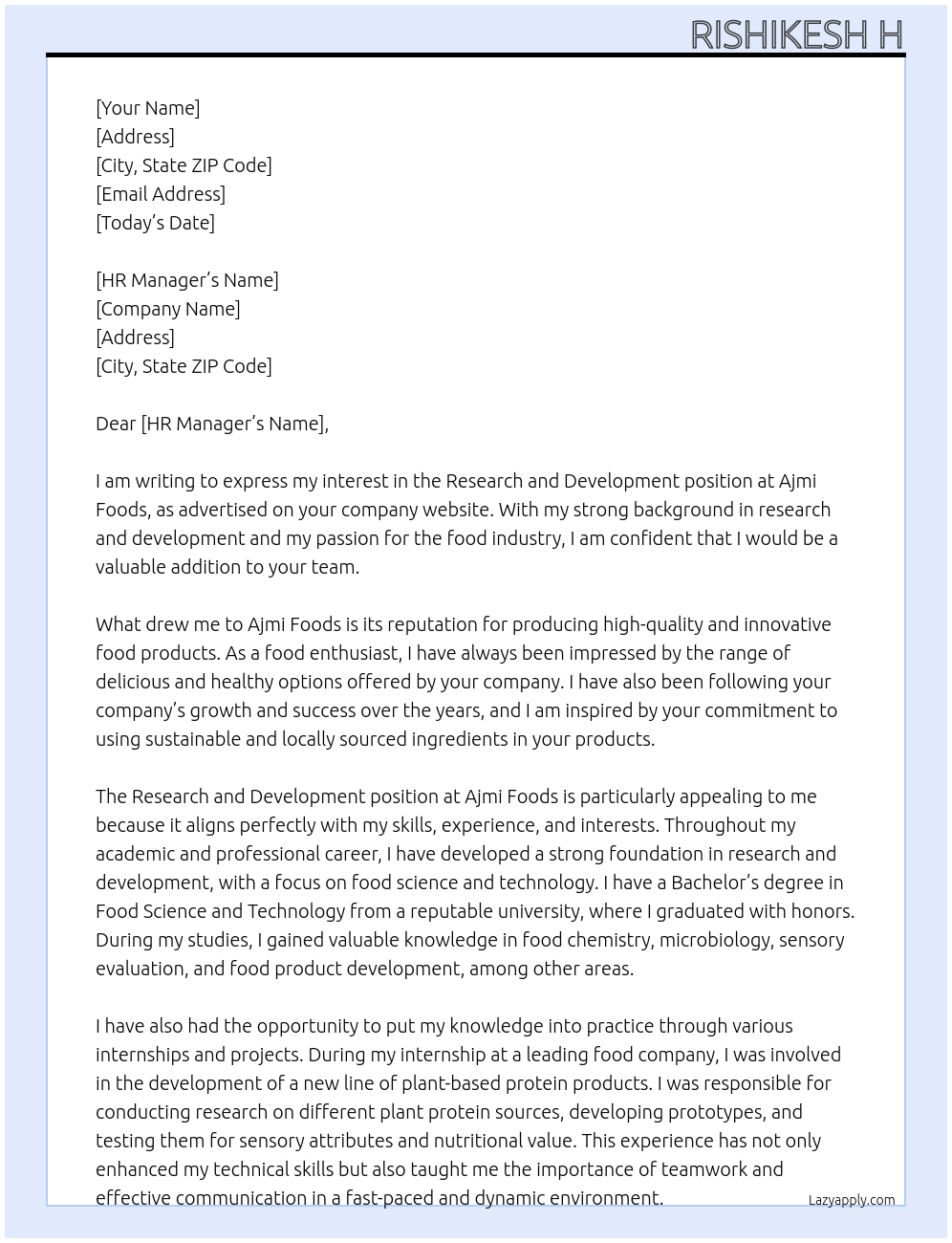 Research and Development At Ajmi Foods Cover Letter