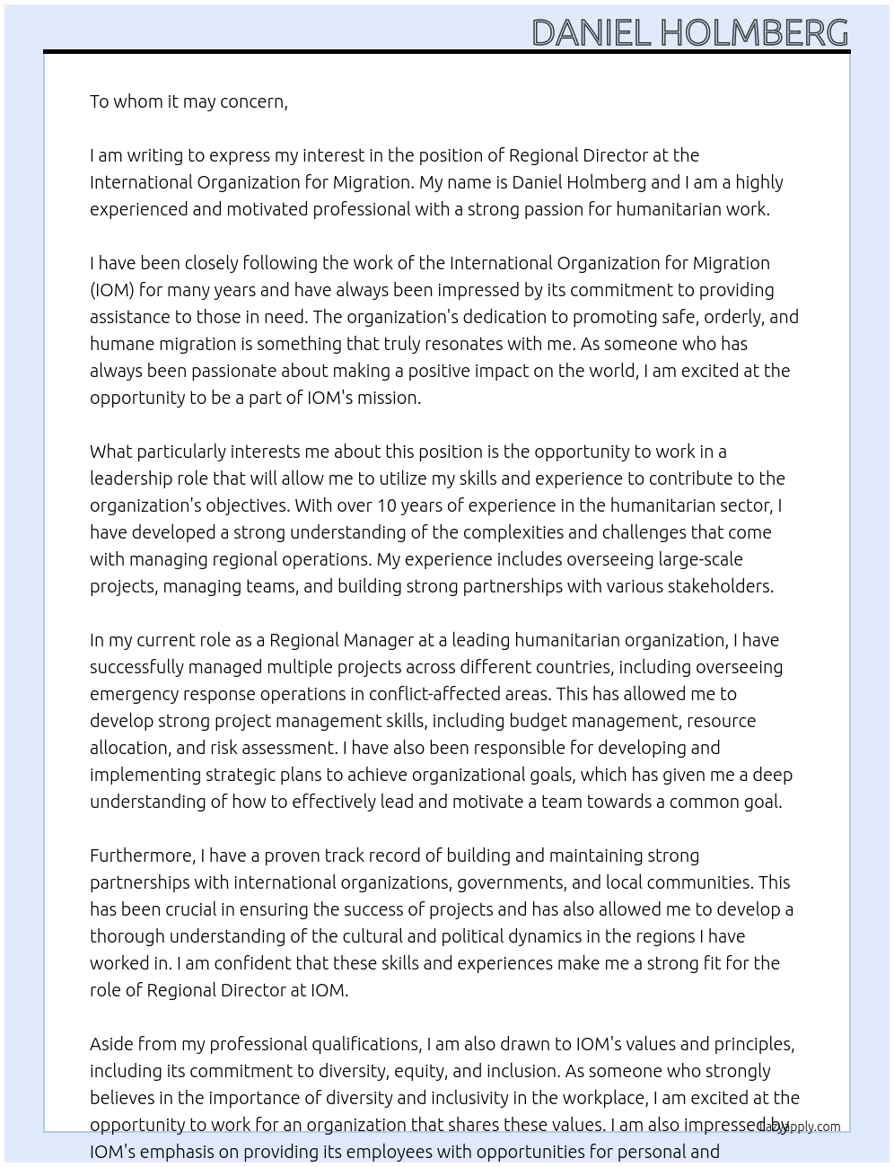 Regional Director At International Organization for Migration Cover Letter