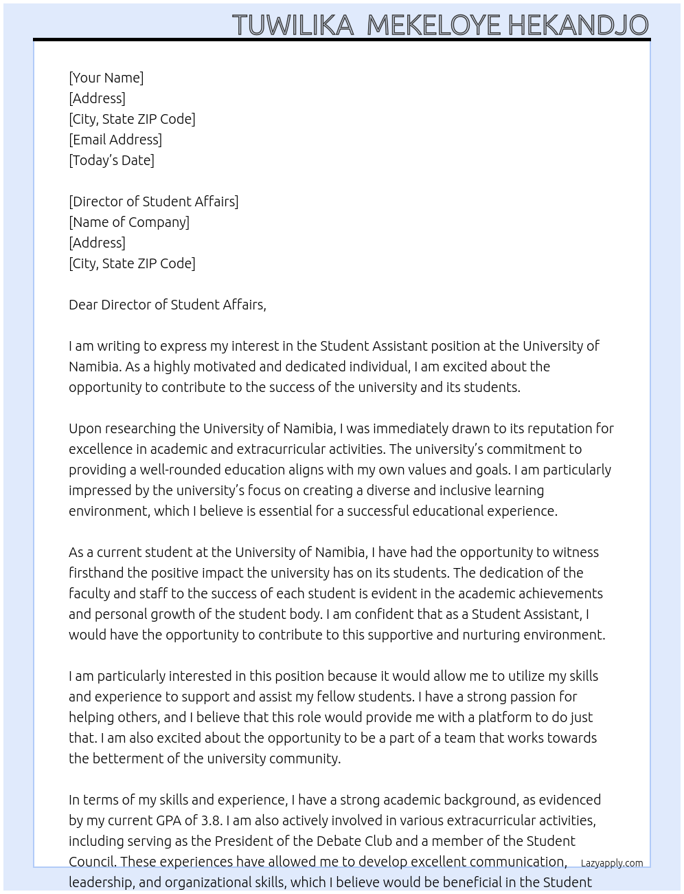 Student assistant  At University of Namibia  Cover Letter