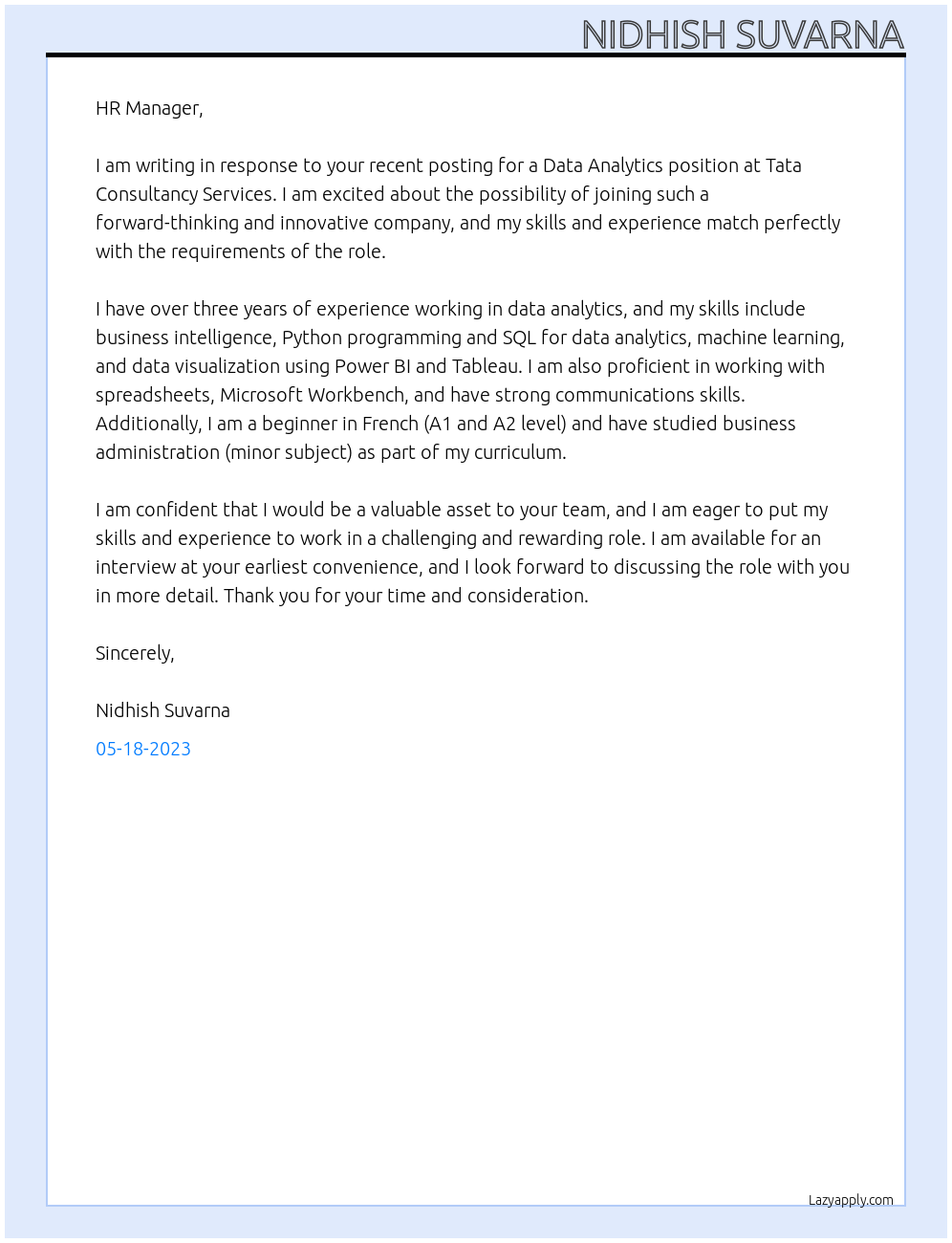 Data Analytics At Tata Consultancy Services Cover Letter