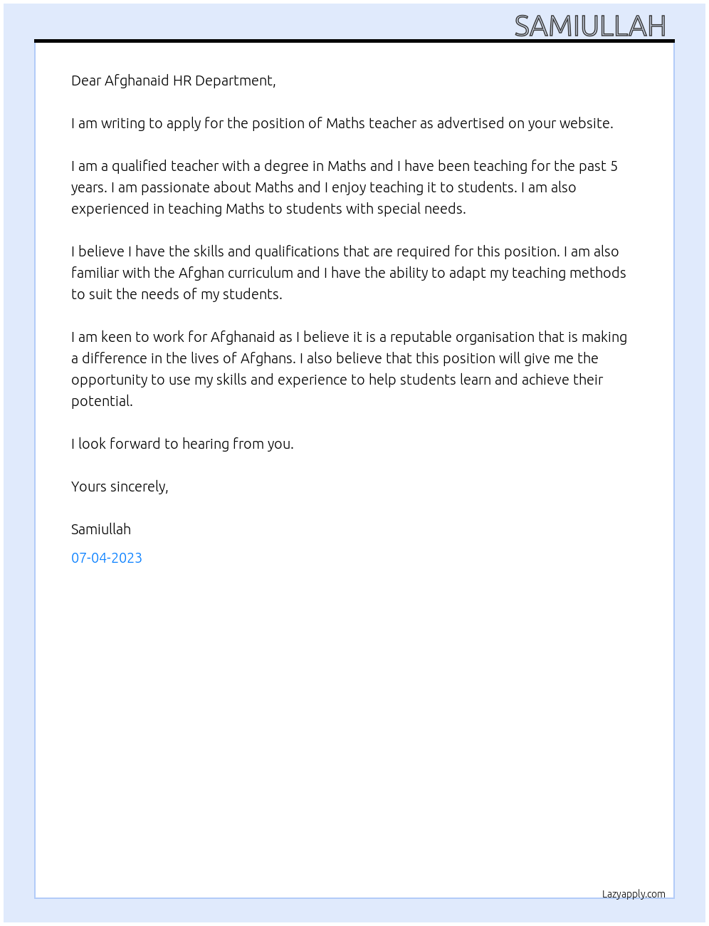 Maths teacher  At Afghanaid  Cover Letter