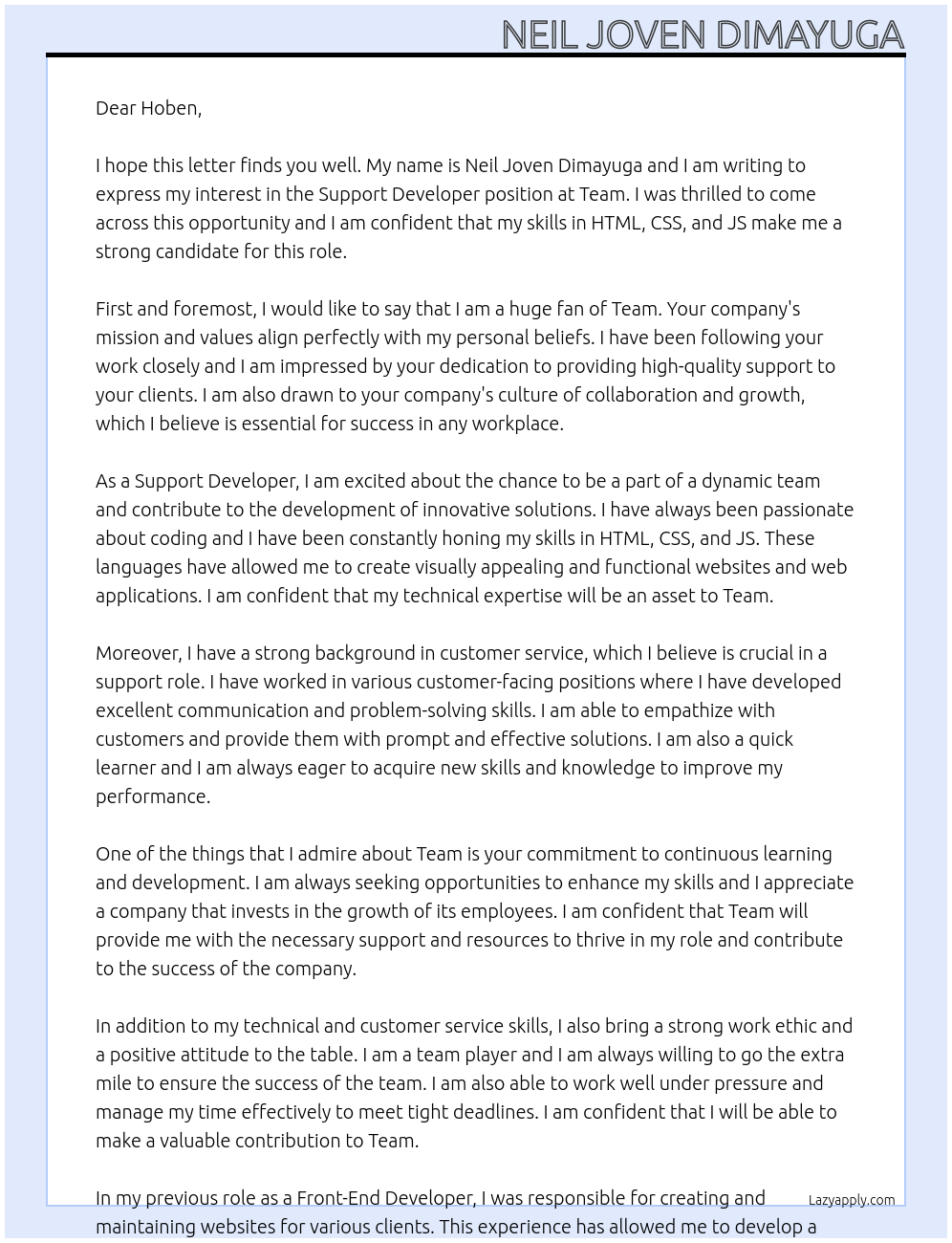 Support Developer At Team Cover Letter
