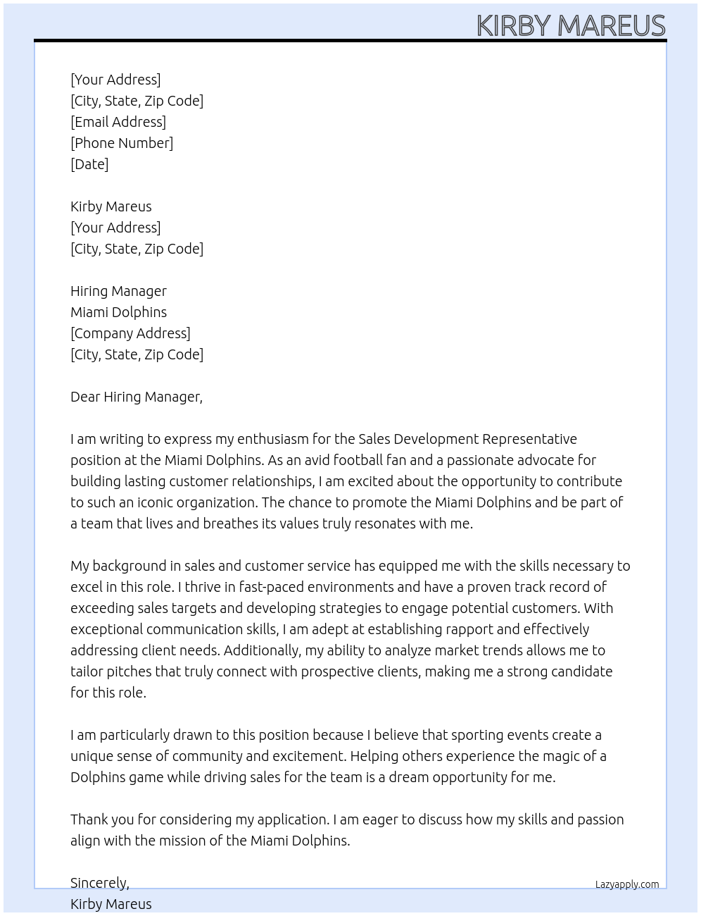 Sales Development Representative At Miami Dolphins Cover Letter