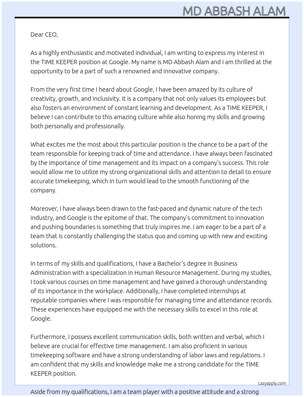 TIME KEEPER  At Google  Cover Letter