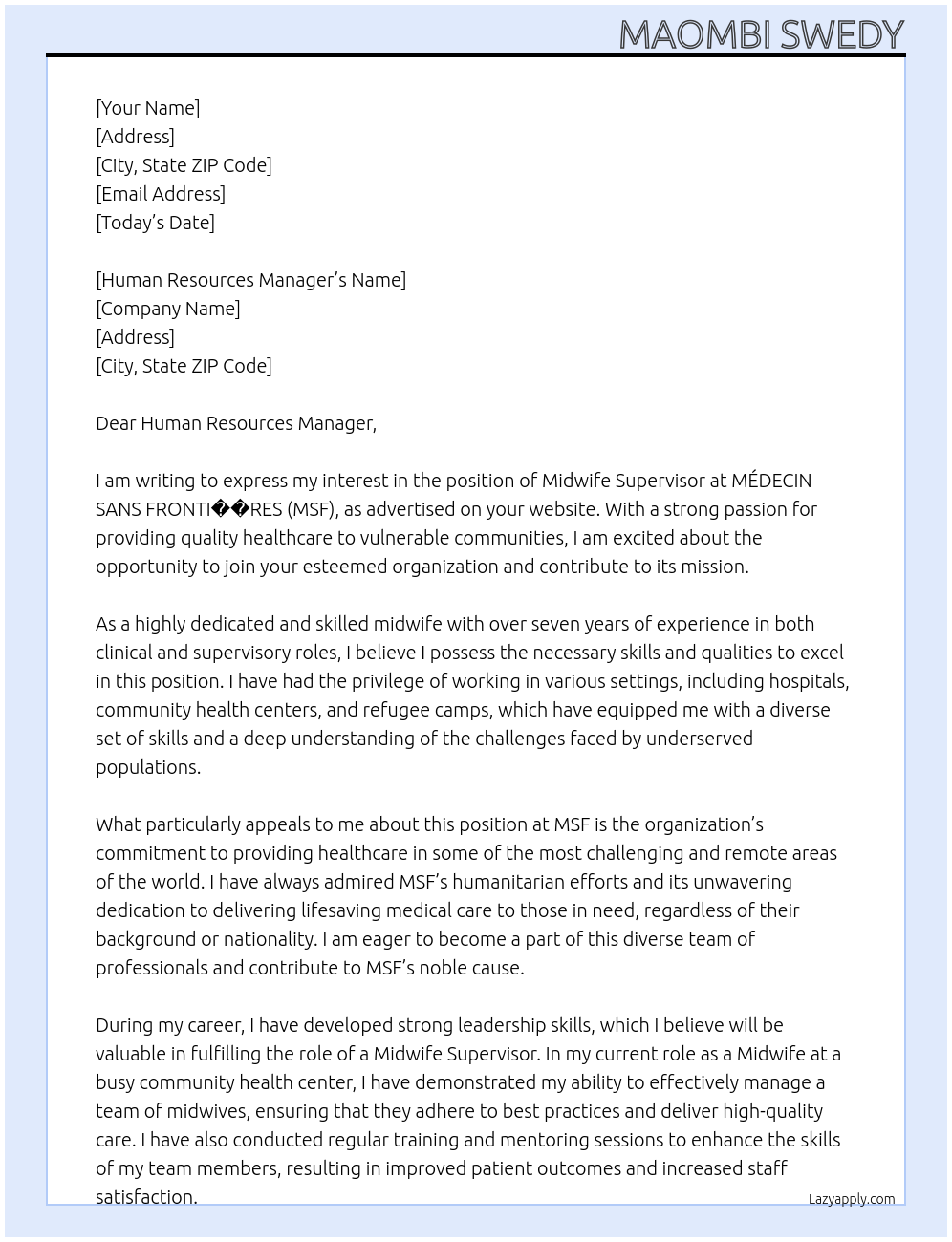 Cover letter for midwife supervisor - LazyApply