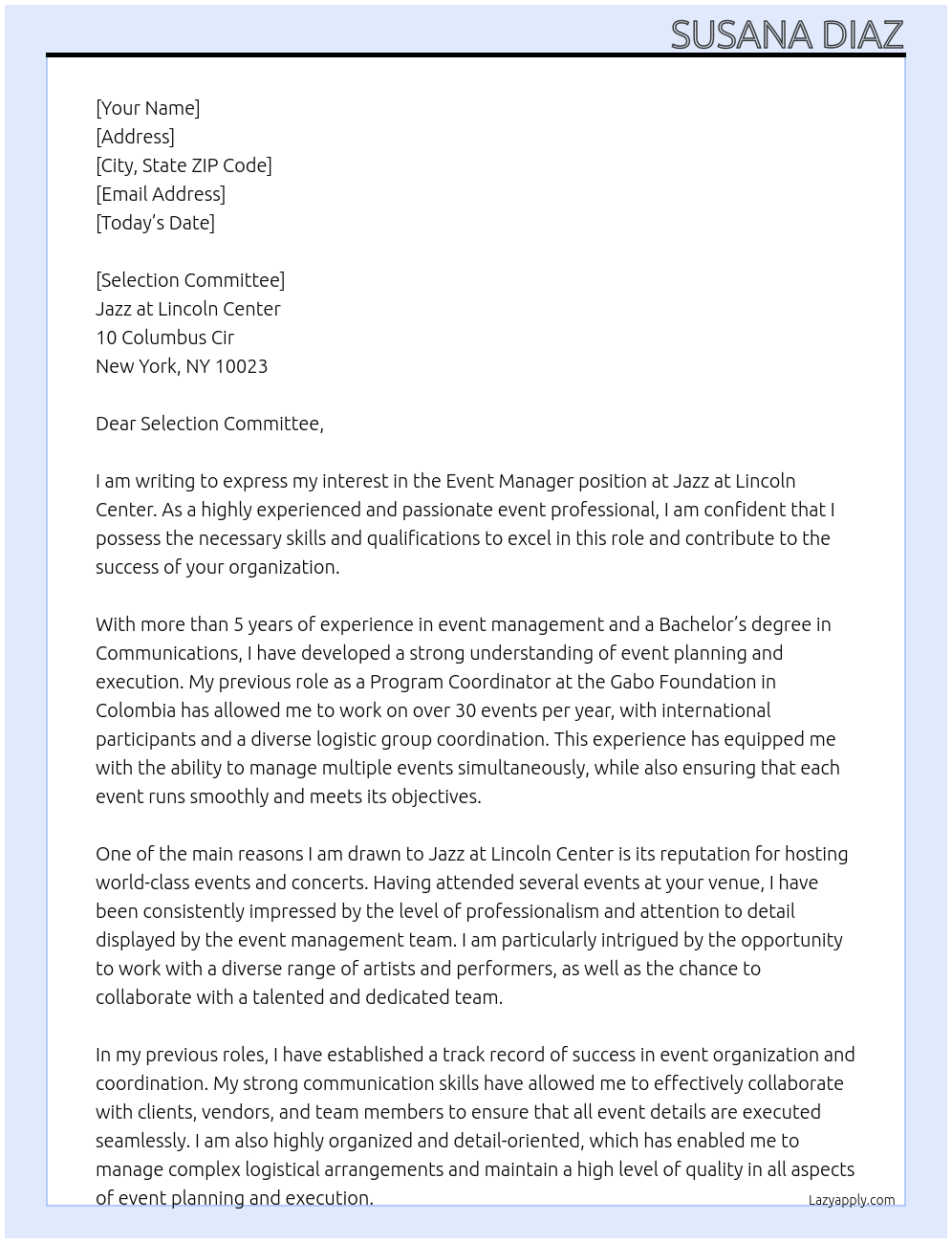 Event Manager At Jazz at Lincoln Center Cover Letter