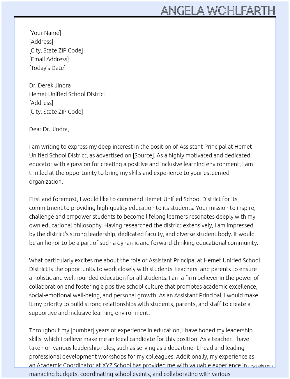 Assistant Principal At Hemet Unified School District Cover Letter