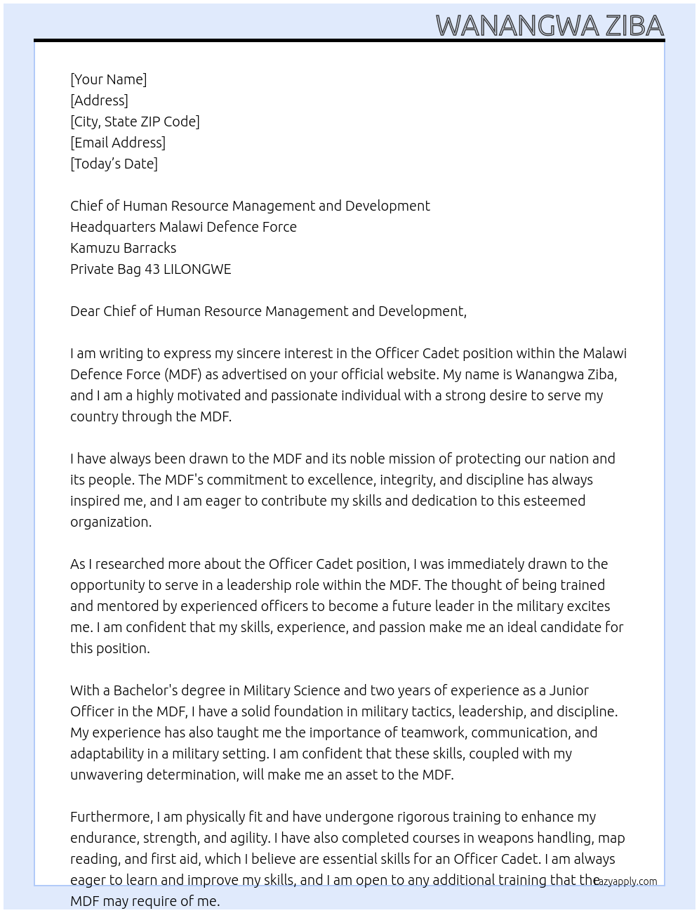 Officer Cadet At Malawi Defence Force (MDF) Cover Letter