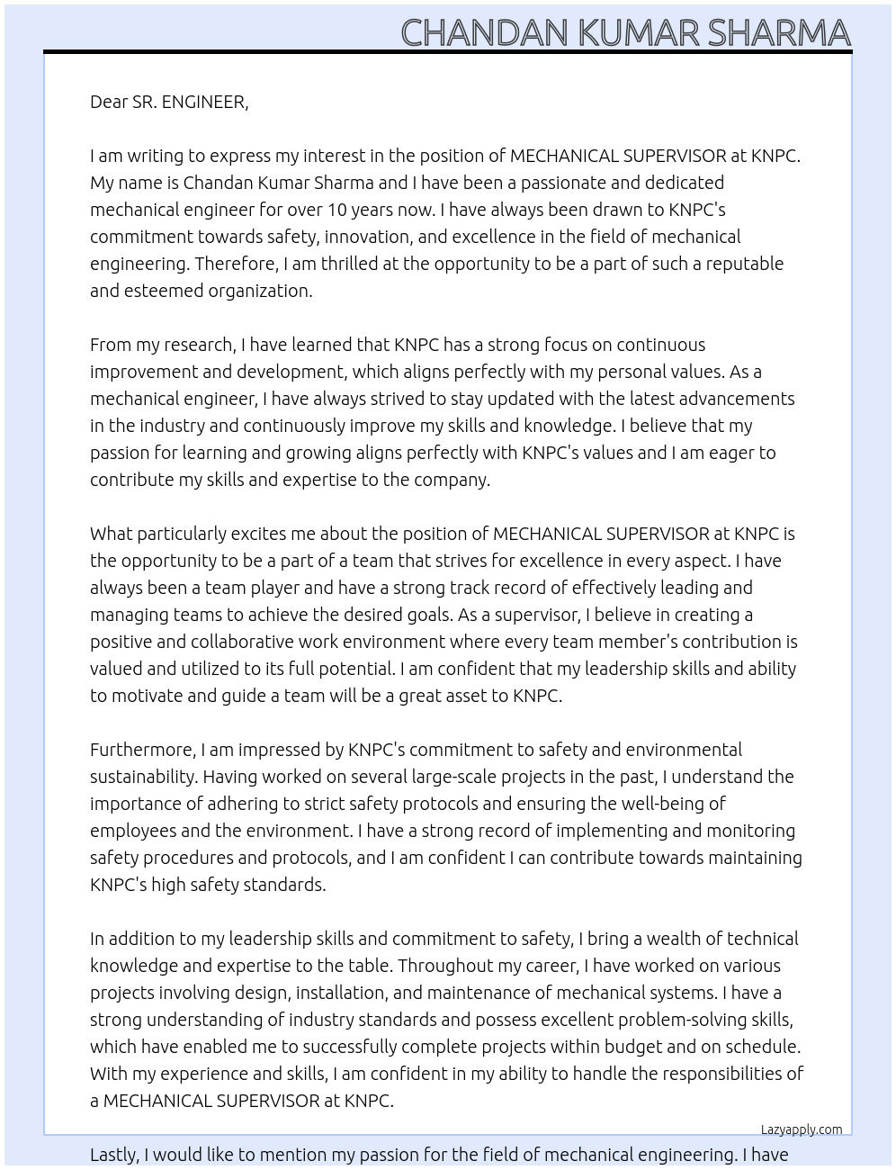 MECHANICAL SUPERVISOR At KNPC Cover Letter