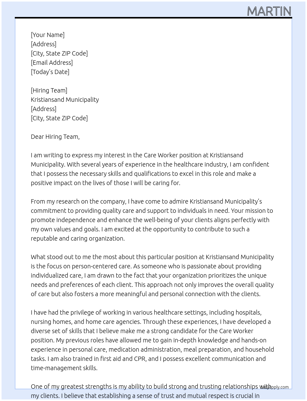 care worker At Kristiansand municipality Cover Letter