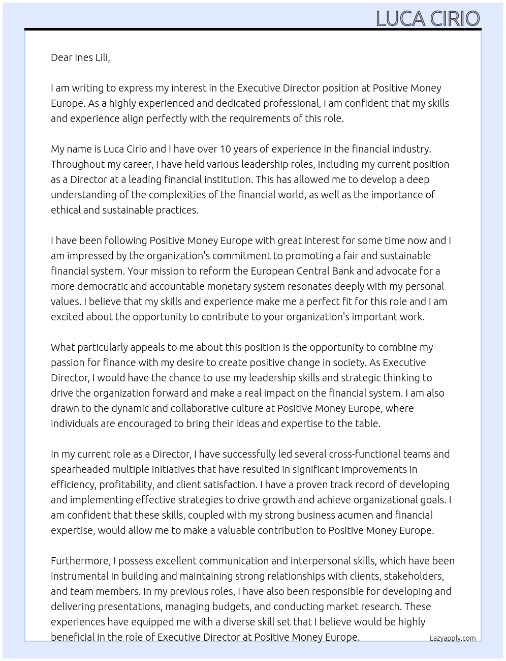 executive director At Positive Money Europe Cover Letter